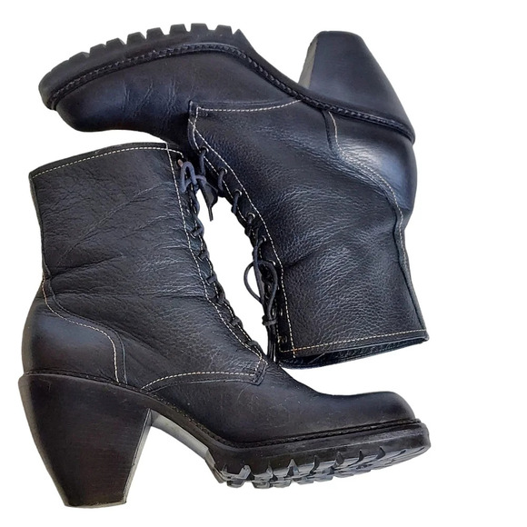 Via Spiga Black  Pebbled and Smooth Leather Cone Heeled Combat Boots - Picture 9 of 15